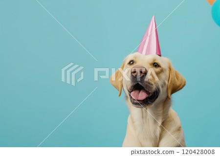 Labrador Retriever dog with birthday hat on blue background. 120428008
