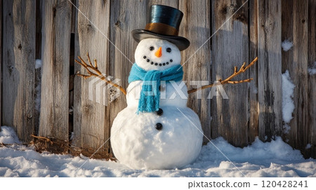 Snowman in black top hat and blue scarf, twig arms outstretched, standing near rustic wooden fence 120428241