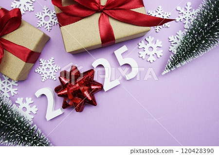 Happy New Year 2025 alphabet letters on purple background 120428390