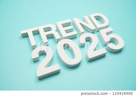 Trend 2025 alphabet letters on blue background 120428400