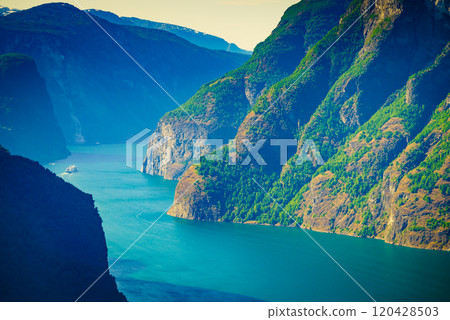 Cruise ship on fjord in Norway 120428503