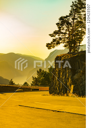 Road and parking area at Stegastein viewpoint Norway. Road and parking area at Stegastein viewpoint Norway. 120428507