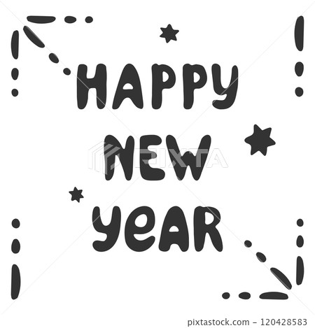 Happy New Year festive card Border. Hand drawn ink blob brush stroke line, doodle cartoon graphic style frame text lettering. Black monochrome colour. Vector 120428583