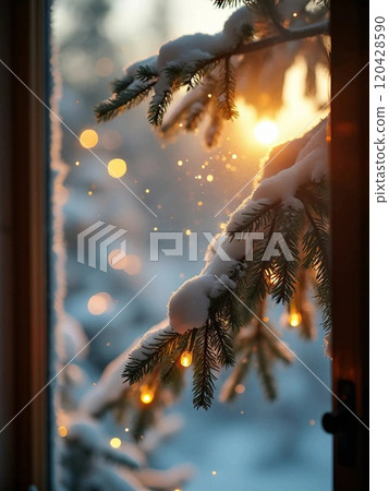 pine tree branch with snow 120428590