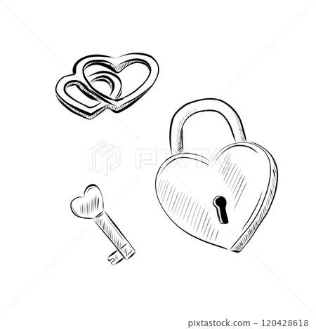 Line art. Hearts, key and lock in line art style. Vector minimalist design Wedding Line art. Hearts, key and lock in line art style. Vector minimalist design Wedding 120428618