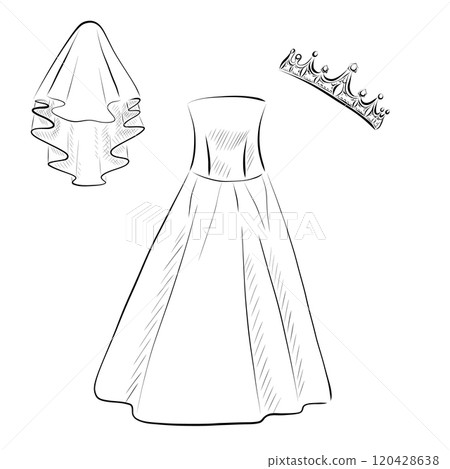 Line art. Bride outfit: dress, veil, tiara in line art style. Vector 120428638