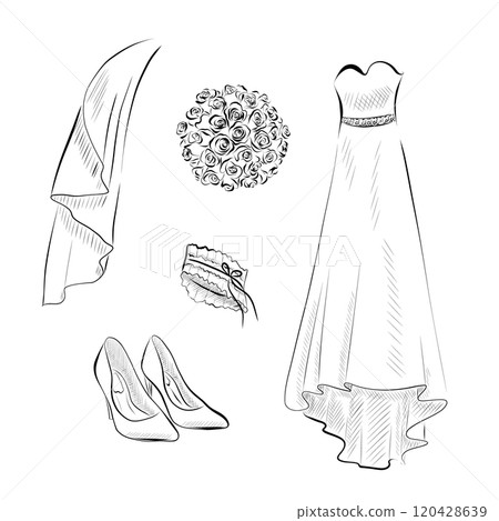 Line art. Bride outfit: dress, veil, shoes, bouquet, garter in line art style. 120428639