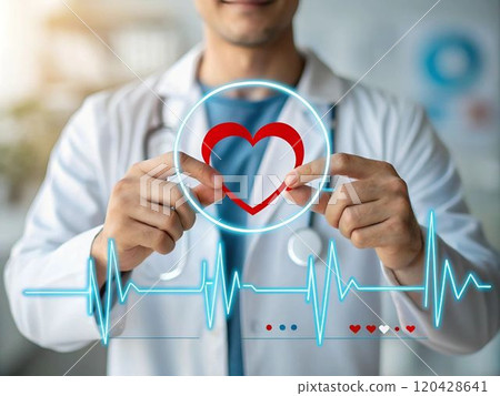 doctor holding a red heart at hospital office 120428641