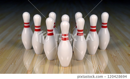 Aligned Bowling Pins and Wood Floor 120428694