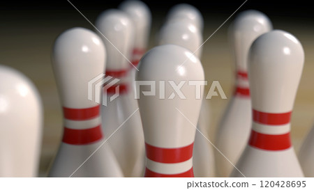 Aligned Bowling Pins and Wood Floor Aligned Bowling Pins and Wood Floor 120428695