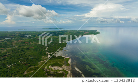 Tropical island against the blue sky and clouds. Bantayan island, Philippines. 120428918