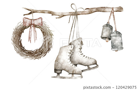 Watercolor illustration of winter decorations hanging on a dry wooden branch. Includes a wreath with a bow, vintage ice skates, and metallic bells. For seasonal, Christmas, or holiday-themed designs. Watercolor illustration of winter decorations hanging on a dry wooden branch. Includes a wreath with a bow, vintage ice skates, and metallic bells. For seasonal, Christmas, or holiday-themed designs. 120429075