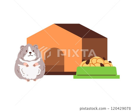 Cute fat hamster with bowl of feed and home cage, vector cartoon pets care accessories for small animals mouse, rat 120429078