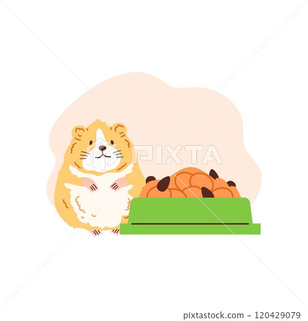 Vector illustration of a yellow hamster standing on its hind legs near a bowl of food. 120429079