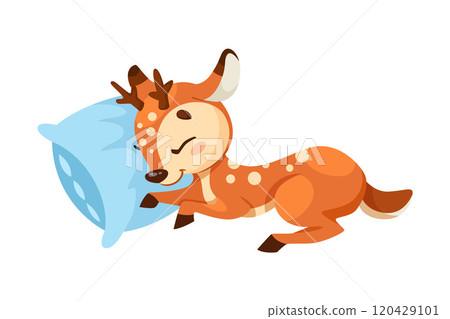 Cute Reindeer Baby with Spotted Body and Antler Sleep on Blue Pillow Vector Illustration 120429101