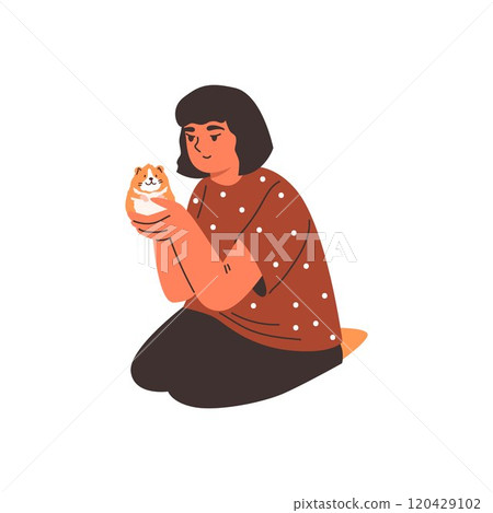 Vector illustration of a teenage girl sitting and holding a small red hamster in her hands. Vector illustration of a teenage girl sitting and holding a small red hamster in her hands. 120429102