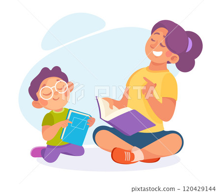 Mom with Pretty Son Reading Book Sitting on Floor Vector Illustration 120429144