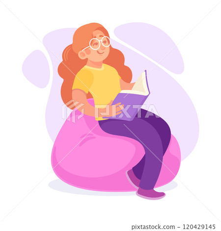 Young Woman Sitting on Bean Bag and Reading Book Vector Illustration Young Woman Sitting on Bean Bag and Reading Book Vector Illustration 120429145