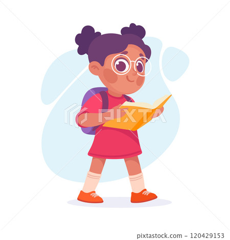 Pretty Girl Reading Book Walking with Backpack Vector Illustration 120429153