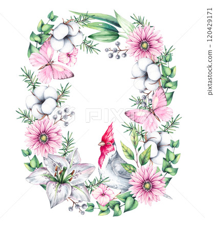 Watercolor botanical wreath with flowers and birds 120429171