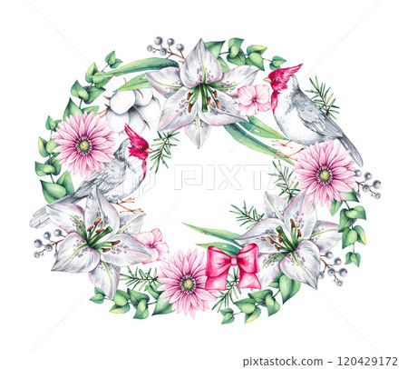 Watercolor botanical wreath with flowers and birds Watercolor botanical wreath with flowers and birds 120429172