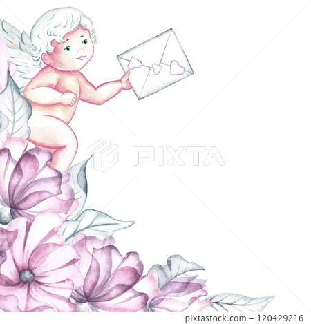 Vintage frame with delicate pink and white flowers and a cute cupid with a message. An elegant postcard. Handmade watercolor illustration. For greeting and invitation cards, banners, flyers, posters. 120429216