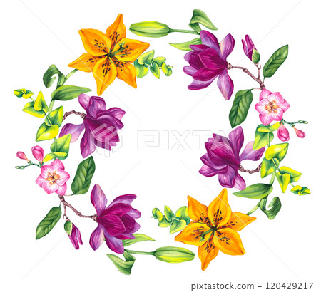 Floral illustration with freesia magnolia and lily 120429217