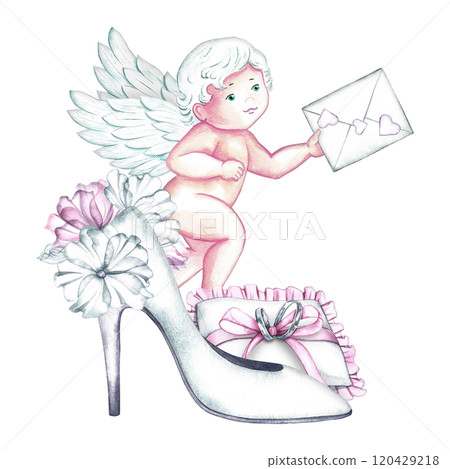 Wedding women's high-heeled shoes decorated with flowers, wedding rings, and a cupid with a message. A watercolor illustration made by hand. An isolated composition in delicate white and pink tones. 120429218