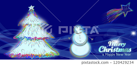 Christmas postcard, to congratulate the new year Christmas, star with glow, snowman, Christmas tree, gifts and the Rudolf deer 120429234