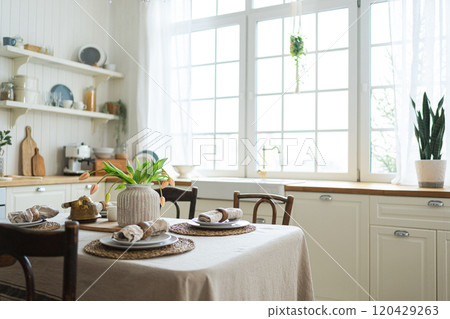 Scandinavian classic minimalistic kitchen with white and wooden details flowers. Modern white kitchen clean contemporary style interior design. Empty bright white interior minimal of kitchen Scandinavian classic minimalistic kitchen with white and wooden details flowers. Modern white kitchen clean contemporary style interior design. Empty bright white interior minimal of kitchen 120429263