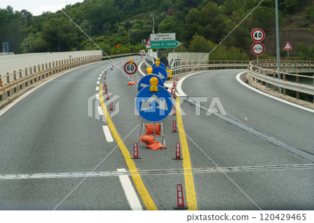 Road signs and markings indicating the direction of movement and the speed of the car on a given section of the road Road signs and markings indicating the direction of movement and the speed of the car on a given section of the road 120429465