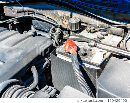 old battery car terminal in engine room old battery car terminal in engine room 120429490