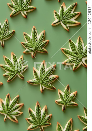 Cannabis Leaf Shaped Cookies on Green Background for Edible Marketing Cannabis Leaf Shaped Cookies on Green Background for Edible Marketing 120429584