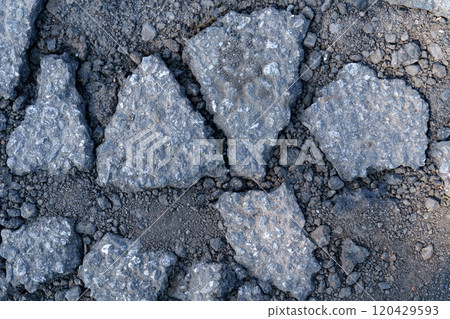 Close-up of an old road with cracks and damage. Close-up of an old road with cracks and damage. 120429593