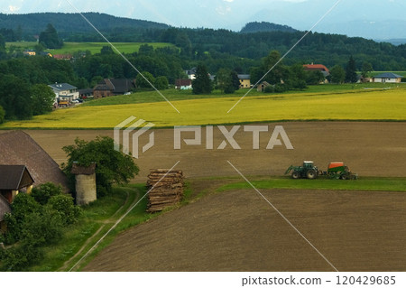 On the field near the village there is a tractor for cultivating the land, there is lumber nearby, a field of rapeseed is growing. On the field near the village there is a tractor for cultivating the land, there is lumber nearby, a field of rapeseed is growing. 120429685