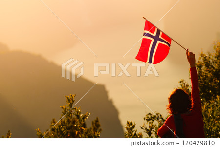 Tourist enjoy fjord view on Stegastein viewpoint Norway Tourist enjoy fjord view on Stegastein viewpoint Norway 120429810
