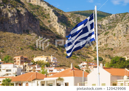 Greek flag against town Greek flag against town 120429906