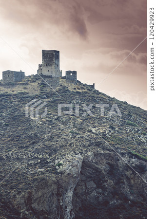 Stone old tower house on Mani, Greece. 120429923