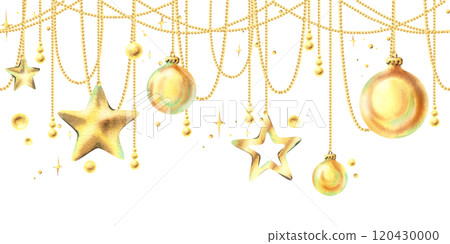 Golden Christmas balls and stars hanging on beads with twinkling stars. Christmas, New Year, winter watercolor illustration hand drawn. Seamless border pattern on white background. 120430000