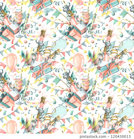 Festive balloons, gifts, champagne in glasses and bottles, confetti and flag garlands. Watercolor illustration hand drawn. Seamless pattern on a white background. 120430013