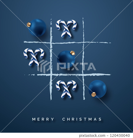 Christmas themed tic tac toe game with blue ornaments and candy canes on a navy background 120430040