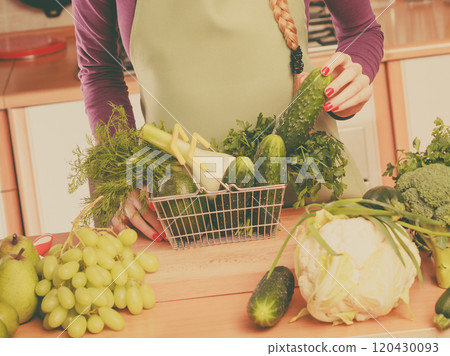 Woman in kitchen having vegetables holding shopping basket Woman in kitchen having vegetables holding shopping basket 120430093