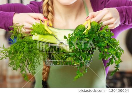 Woman having vegetables in shopping basket Woman having vegetables in shopping basket 120430094