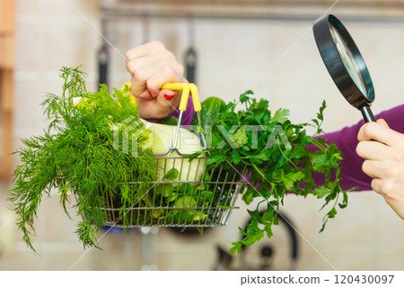 Woman looking through magnifier at vegetables basket 120430097