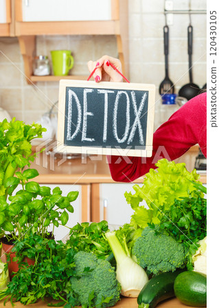 Woman having green diet vegetables, detox sign 120430105