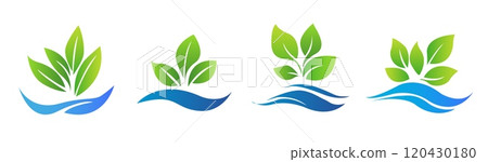 set of icons featuring green leaves above flowing blue water waves. These logos are against a white background, suitable for hydroponic, gardening, or eco-friendly branding concepts 120430180