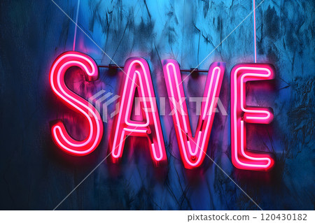 Neon word SAVE on dark shabby wall 120430182