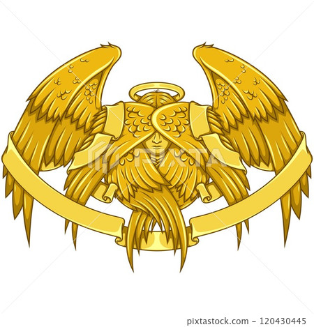 Angel with six wings and surrounded by ribbon 120430445