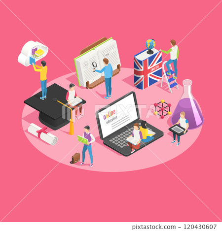 Isometric vector illustration shows students engaging with online education platform, featuring laptop, books, graduation cap, scientific elements, and english language learning resources 120430607