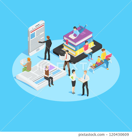 People are reading various media including printed books, newspapers, electronic books and smartphones, enjoying their reading time in different postures, in isometric view 120430609